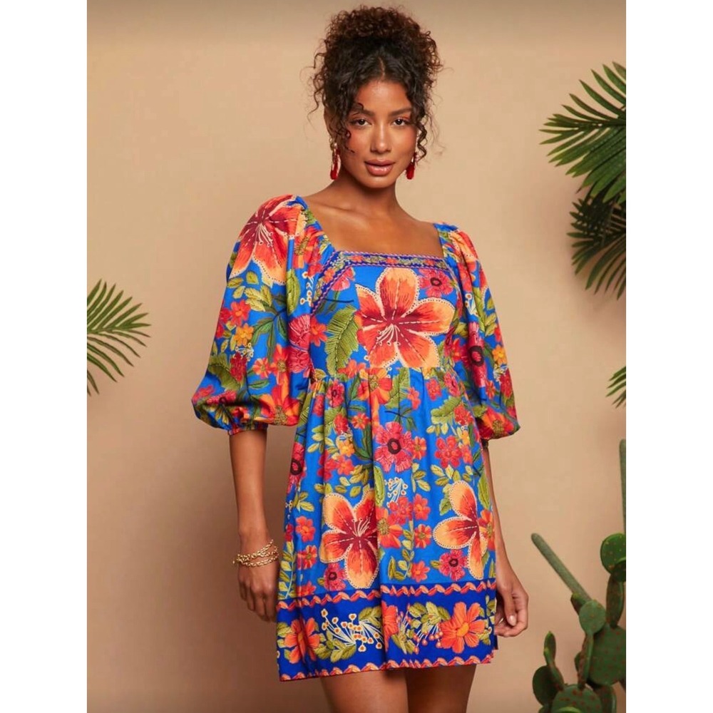 Blue Tropical Floral Smocked‎ Back Puff Sleeve Mini Dress Large - Picture 4 of 10